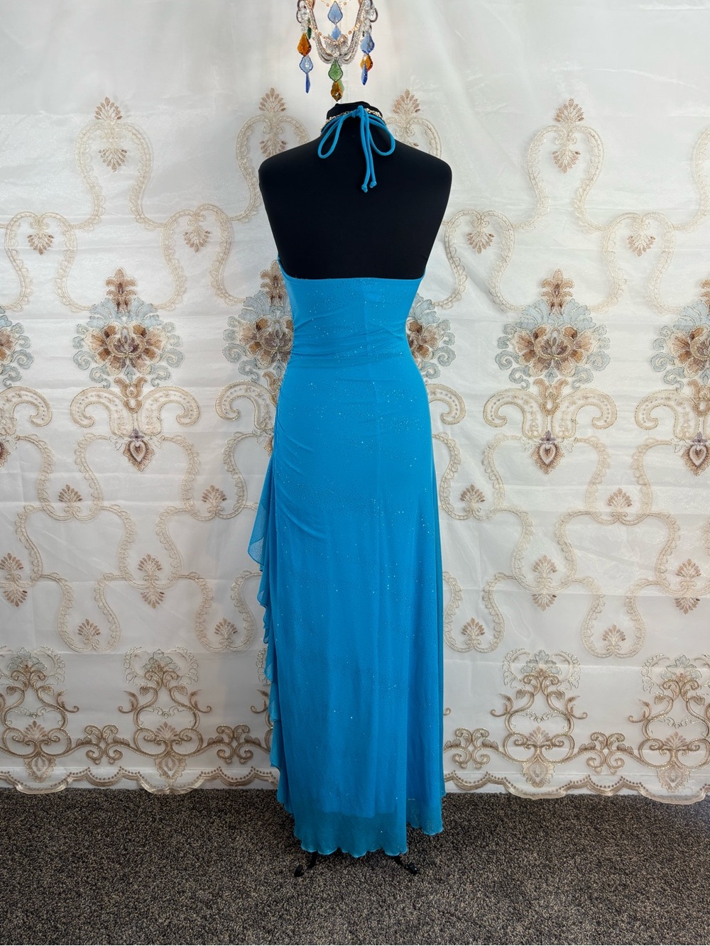 ✨Vintage Y2K Aqua Shimmer Ruched Halter Mermaid Maxi Dress✨ - Picture 6 of 7